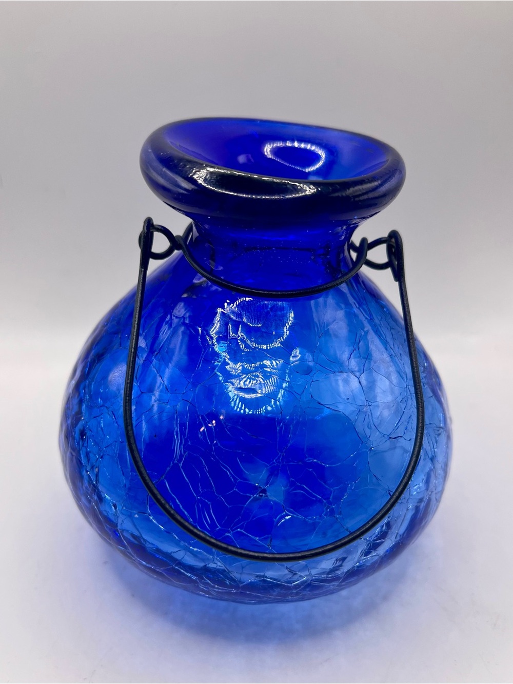 Cobalt Blue Crackle Glass Hanging Pot